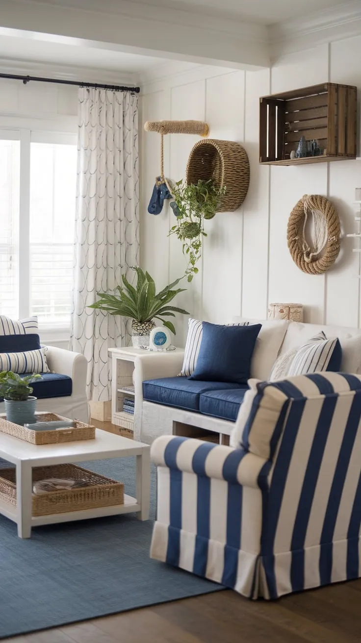 Relaxed coastal contemporary living, perfectly embodying the Hamptons spirit.  This cottage beach house living room, with its beachy themed decor and coastal modern curtains, creates the ultimate beach vibe living room decor.  Coastal living room decor at its finest.