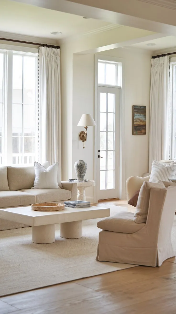 This coastal Hampton's living room embodies the perfect blend of beach house charm and modern sophistication.  Coastal living room decor is effortlessly achieved with beachy themed details and coastal modern curtains, transforming this space into a tranquil cottage beach house living room with a captivating beach vibe.