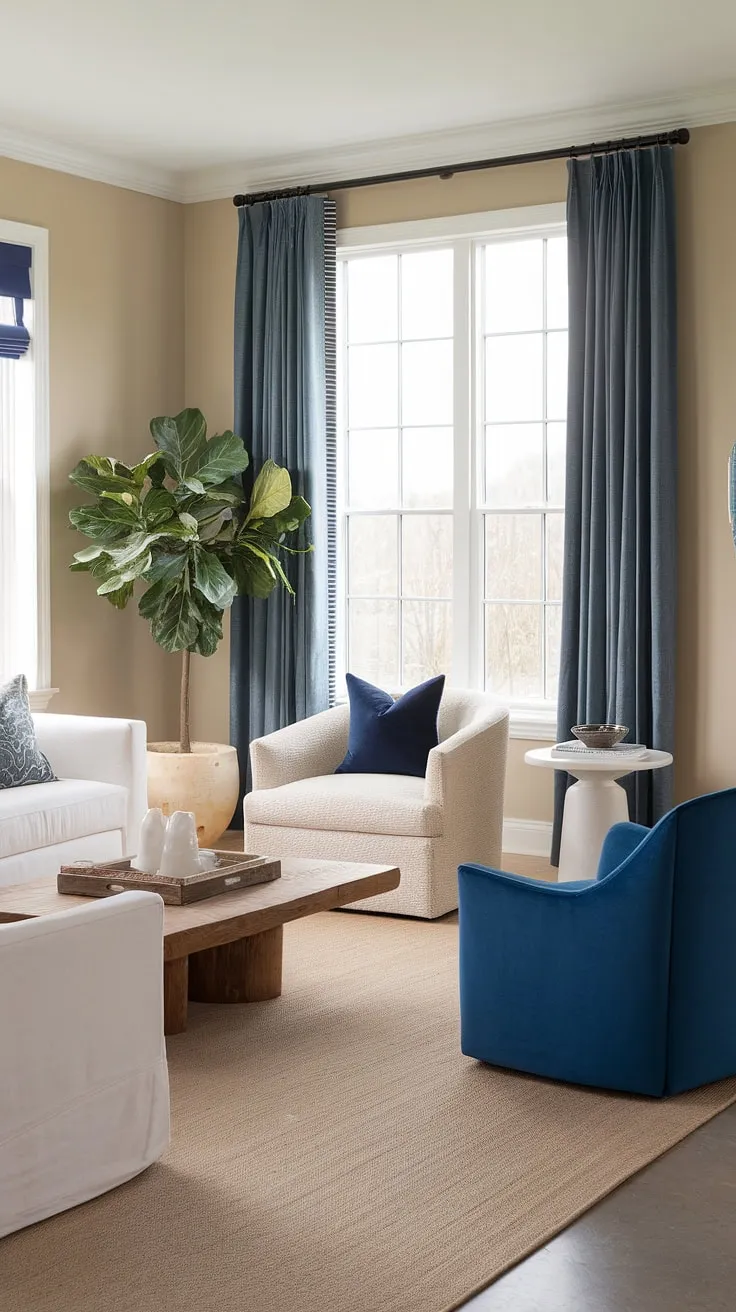 This coastal contemporary living room embodies the relaxed elegance of coastal living room decor, with a touch of Hamptons style.  The beachy themed decor, from the coastal modern curtains to the carefully curated accessories, creates a tranquil cottage beach house living room atmosphere perfect for embracing a true beach vibe.