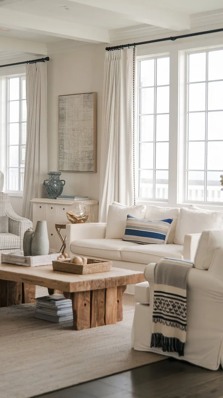 Escape to tranquility in this cottage beach house living room.  Coastal modern curtains frame the stunning natural light, complementing the beachy themed decor and creating a sophisticated coastal hamptons living room feel. This coastal living room decor perfectly embodies coastal contemporary living.