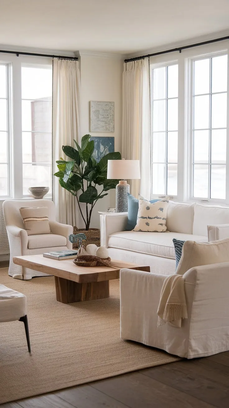 Escape to tranquility in this cottage beach house living room.  Coastal living room decor at its finest, this space showcases a beautiful balance of coastal contemporary design and a relaxed beach vibe living room decor.  The coastal hamptons living room aesthetic is achieved through thoughtful details, from the airy coastal modern curtains to the carefully curated artwork.