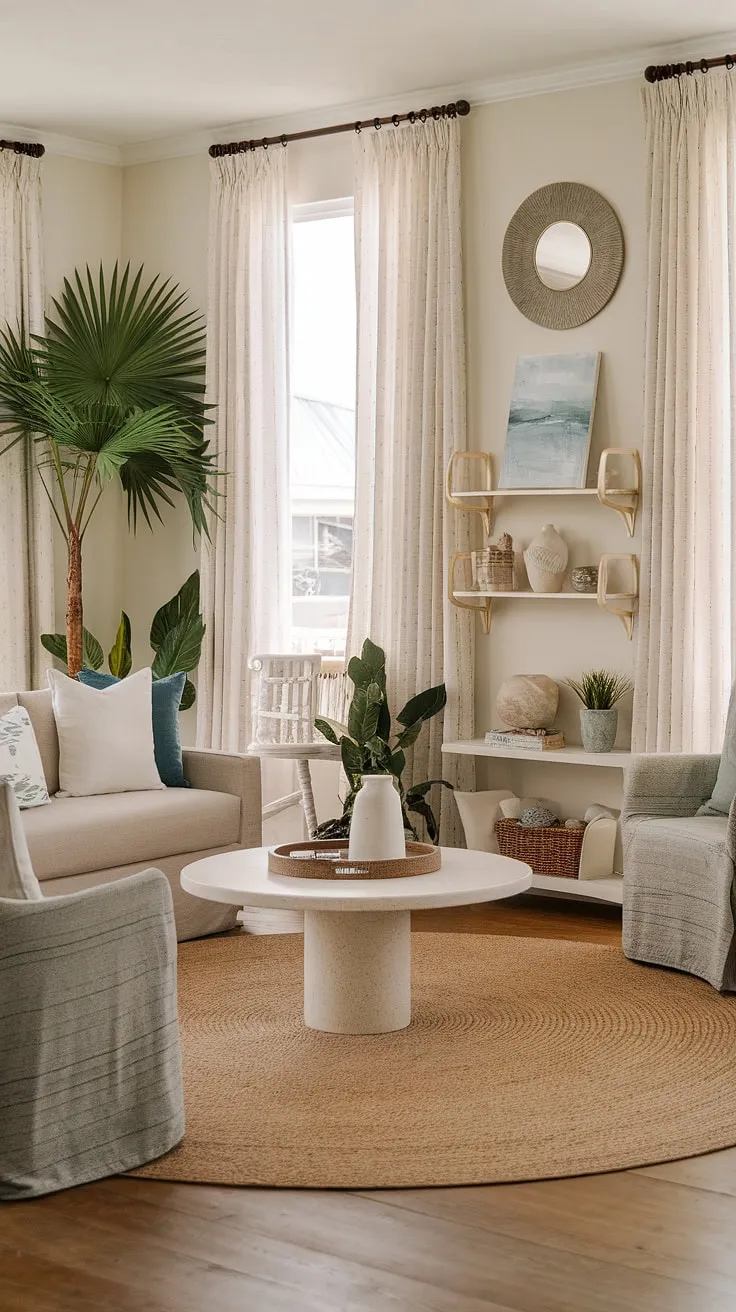 Sunlight streams into this coastal contemporary living room, showcasing the perfect blend of coastal living room decor and Hamptons style.  Beachy themed decor, including coastal modern curtains, creates a relaxed cottage beach house living room atmosphere with a distinct beach vibe living room decor.