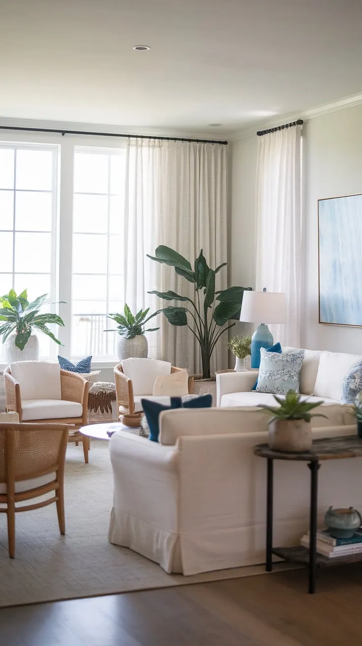 Escape to tranquility in this cottage beach house living room.  Coastal modern curtains frame the stunning light, complementing the beachy themed decor and creating the ultimate coastal hamptons living room feel. This coastal living room decor perfectly embodies a relaxed beach vibe.