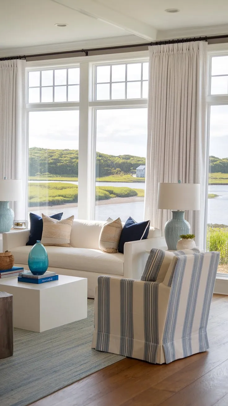 Relax and unwind in this coastal contemporary living room, where coastal living room decor meets the Hamptons aesthetic.  The beachy themed decor, complete with coastal modern curtains, creates the perfect cottage beach house living room vibe.  A true beach vibe living room decor dream.