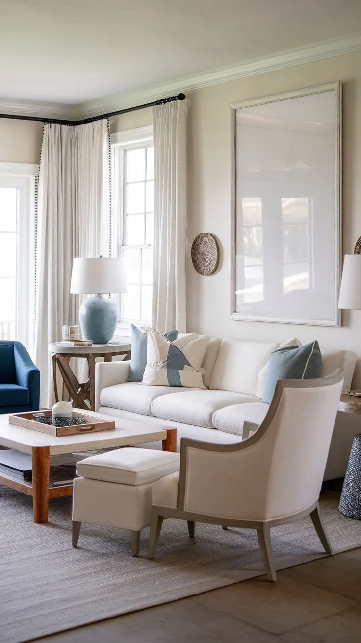 Escape to this cottage beach house living room, where coastal living room decor meets modern comfort.  The airy space, featuring coastal modern curtains and a calming color palette, embodies the perfect beach vibe living room decor.  This coastal contemporary living room is a testament to relaxed elegance, showcasing the best of coastal Hampton's living room style.