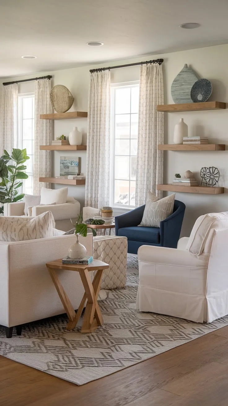 Escape to tranquility in this cottage beach house living room.  Coastal modern curtains frame the stunning natural light, complementing the beachy themed decor and creating the ultimate coastal hamptons living room. This coastal living room decor perfectly embodies a relaxed beach vibe living room decor.