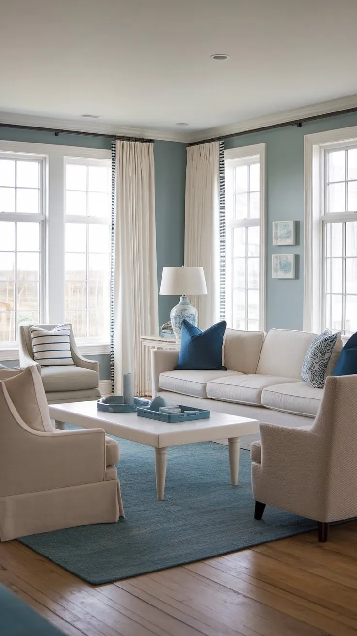 Escape to tranquility in this cottage beach house living room.  Coastal modern curtains frame the stunning natural light, complementing the beachy themed decor and creating the ultimate coastal hamptons living room. This coastal living room decor perfectly embodies a relaxed beach vibe living room decor.