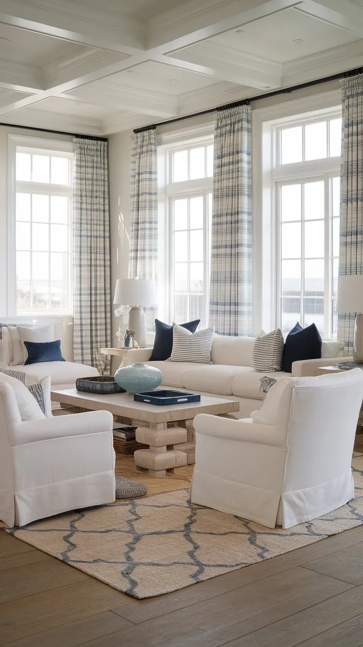 Relax and unwind in this coastal contemporary living room, where coastal living room decor meets the Hamptons aesthetic.  The beachy themed decor, complete with coastal modern curtains, creates the perfect cottage beach house living room vibe.  A true beach vibe living room decor dream.