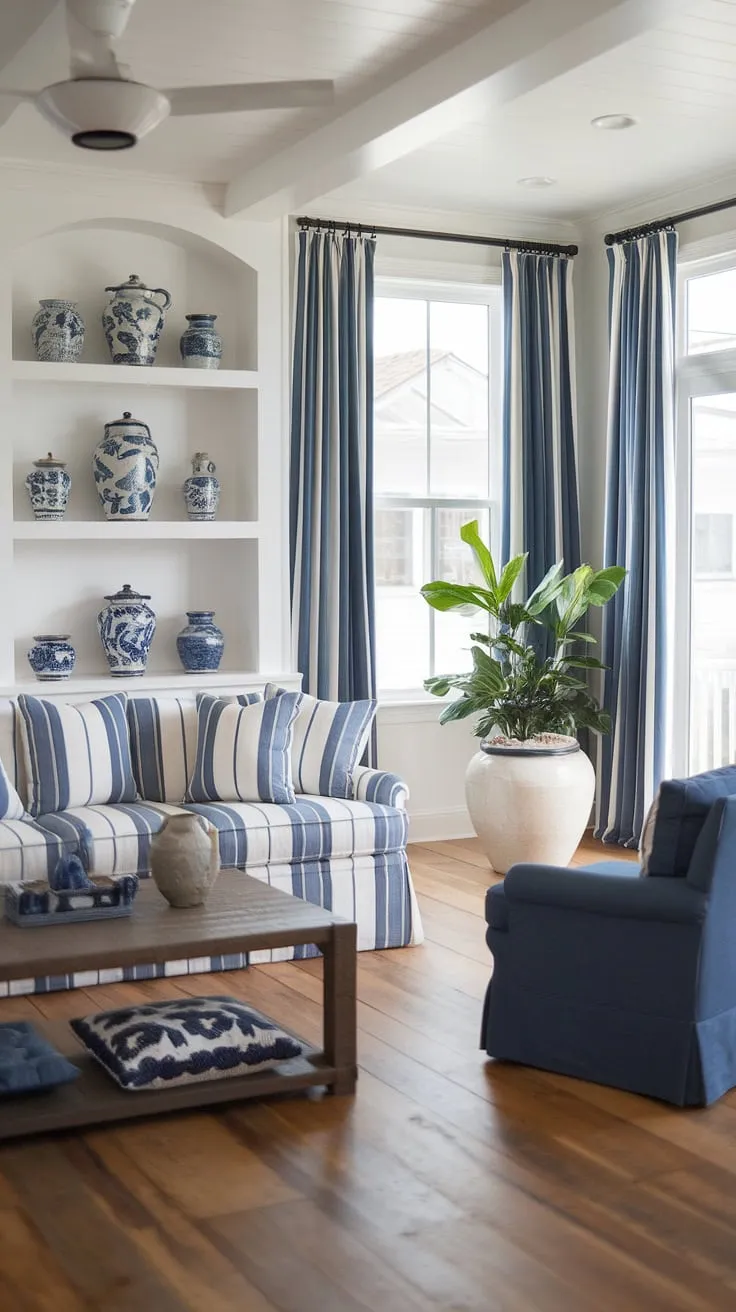 Embrace the relaxed elegance of coastal contemporary living in this stunning space.  Coastal living room decor meets Hampton's style with beachy themed accents, creating a cottage beach house living room atmosphere. Note the coastal modern curtains perfectly complementing the overall beach vibe living room decor.