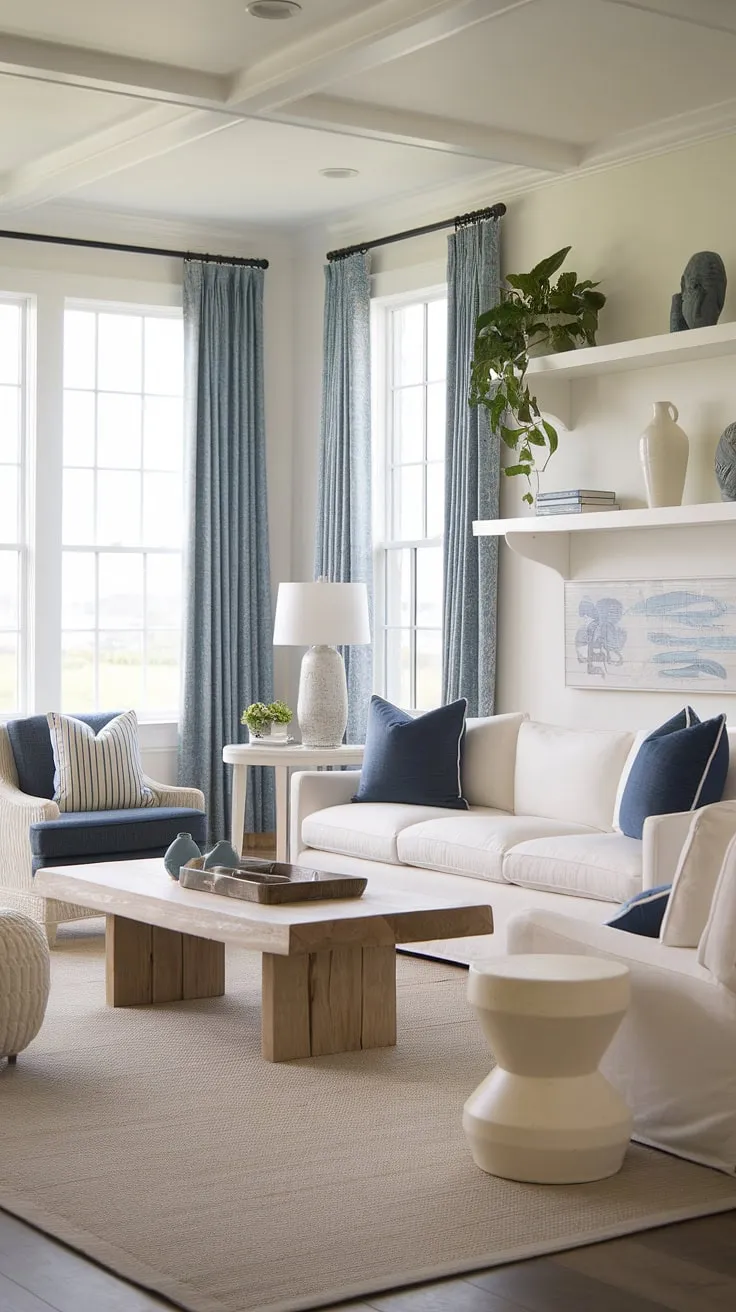 Embrace the effortless elegance of coastal living in this stunning space.  Coastal Hampton living room design meets modern comfort with beachy themed decor and coastal modern curtains. The result? A dreamy cottage beach house living room brimming with a captivating beach vibe and sophisticated coastal living room decor.