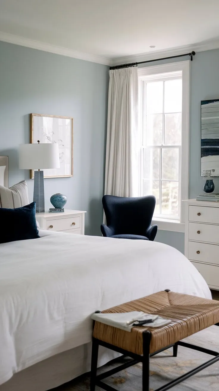 Drift off to sleep in this modern cottage master bedroom, where the calming influence of a French coastal interior meets the sophisticated charm of dark furniture.  The sea cottage bedroom's southern coastal decor creates a tranquil coastal cottage bedroom retreat.