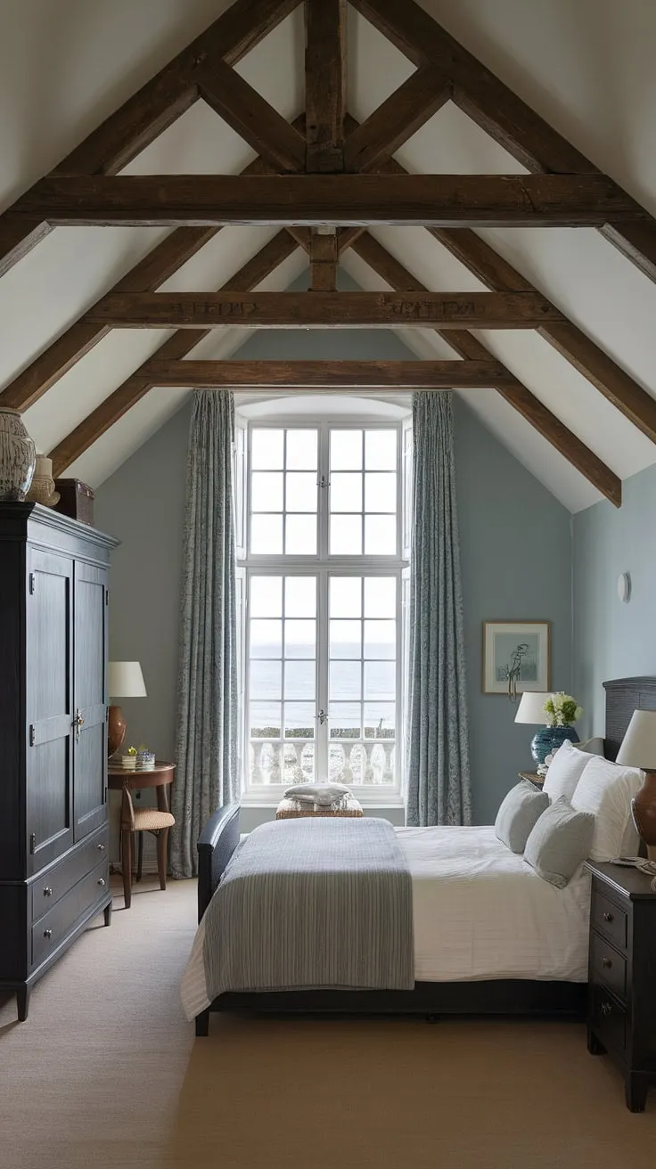 This sea cottage bedroom boasts a sophisticated blend of French coastal interior design and modern cottage master bedroom style. Dark furniture anchors the space, creating a calming contrast against the light and airy feel of a southern coastal decor bedroom, perfect for a coastal cottage bedroom escape.
