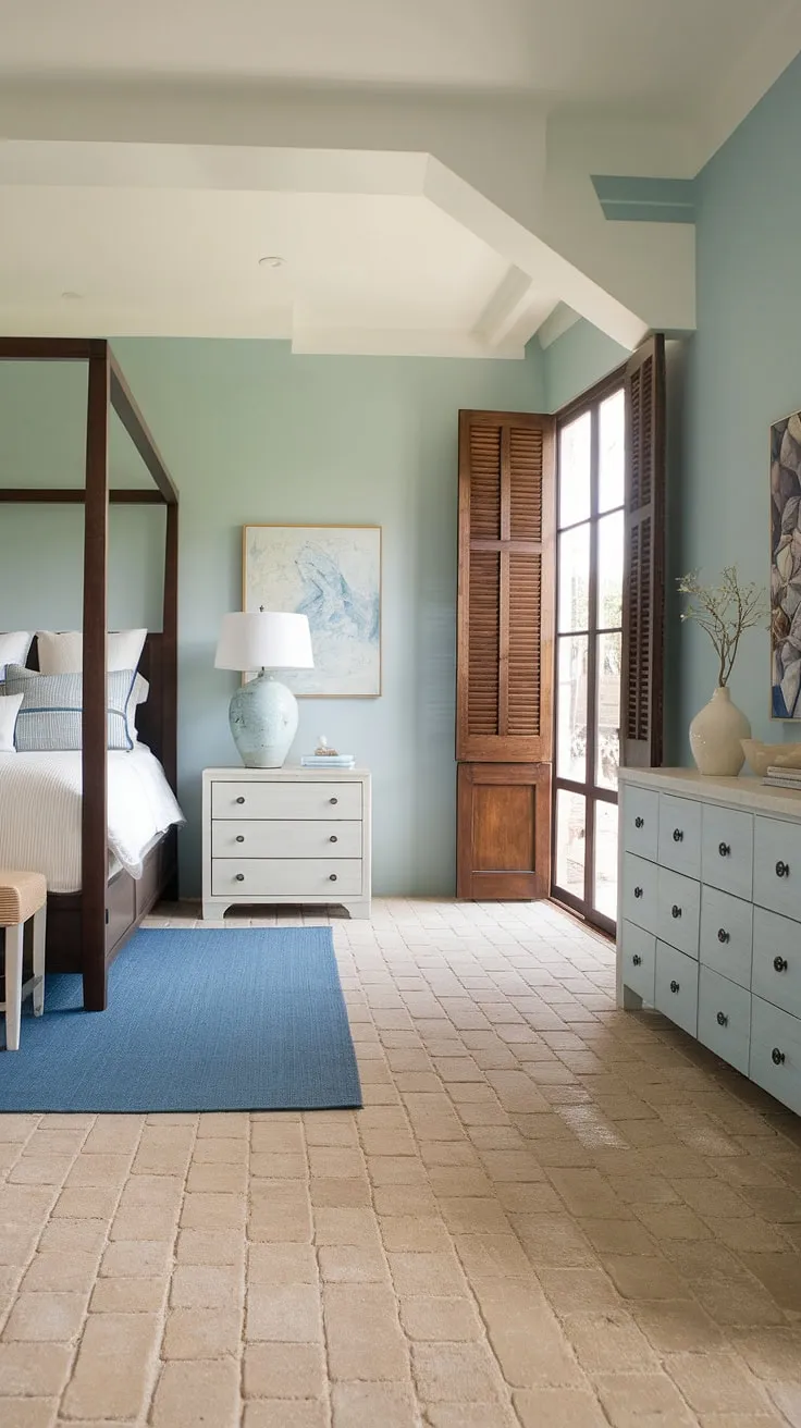 This coastal cottage bedroom embodies the perfect blend of modern and rustic charm.  Dark furniture anchors the space within a light and airy southern coastal decor scheme, resulting in a truly captivating French coastal interior and a dreamy sea cottage bedroom escape.