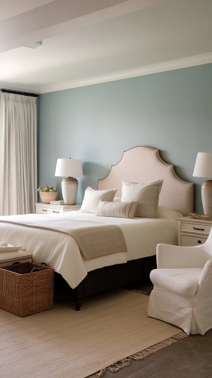 Sunlight streams into this modern cottage master bedroom, a haven of calm where French coastal interior design meets the rustic charm of a sea cottage bedroom. Dark furniture grounds the airy space, creating a sophisticated contrast against the light and bright southern coastal decor.  The result? A coastal cottage bedroom that's both inviting and effortlessly chic.