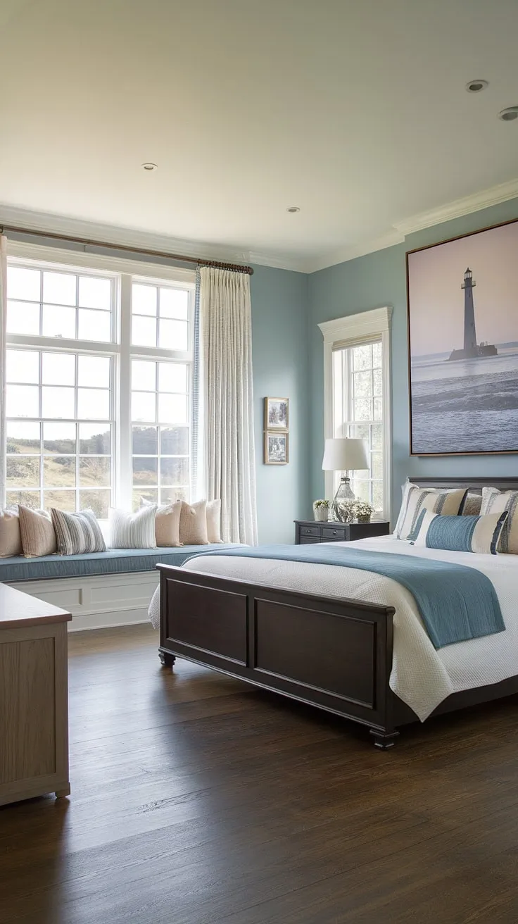 This sea cottage bedroom embodies the essence of French coastal interior design.  Dark furniture adds a sophisticated touch to the coastal cottage bedroom, while the southern coastal decor creates a warm and inviting atmosphere in this modern cottage master bedroom, perfect for a peaceful coastal escape.