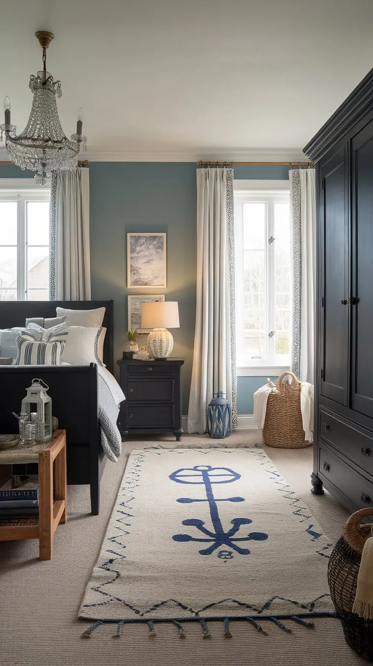 Escape to this serene modern cottage master bedroom, where a French coastal interior meets sophisticated dark furniture. The soft blue walls and nautical rug create a calming sea cottage bedroom atmosphere, perfectly embodying southern coastal decor.