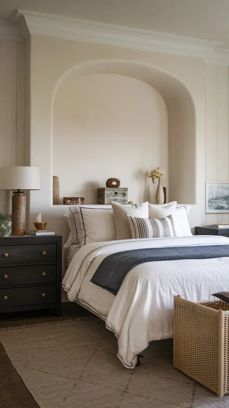 This sea cottage bedroom embodies the perfect blend of modern and rustic. Dark furniture anchors the space, while the white bedding and single flower create a calming French coastal interior feel within this charming southern coastal decor bedroom and modern cottage master bedroom.