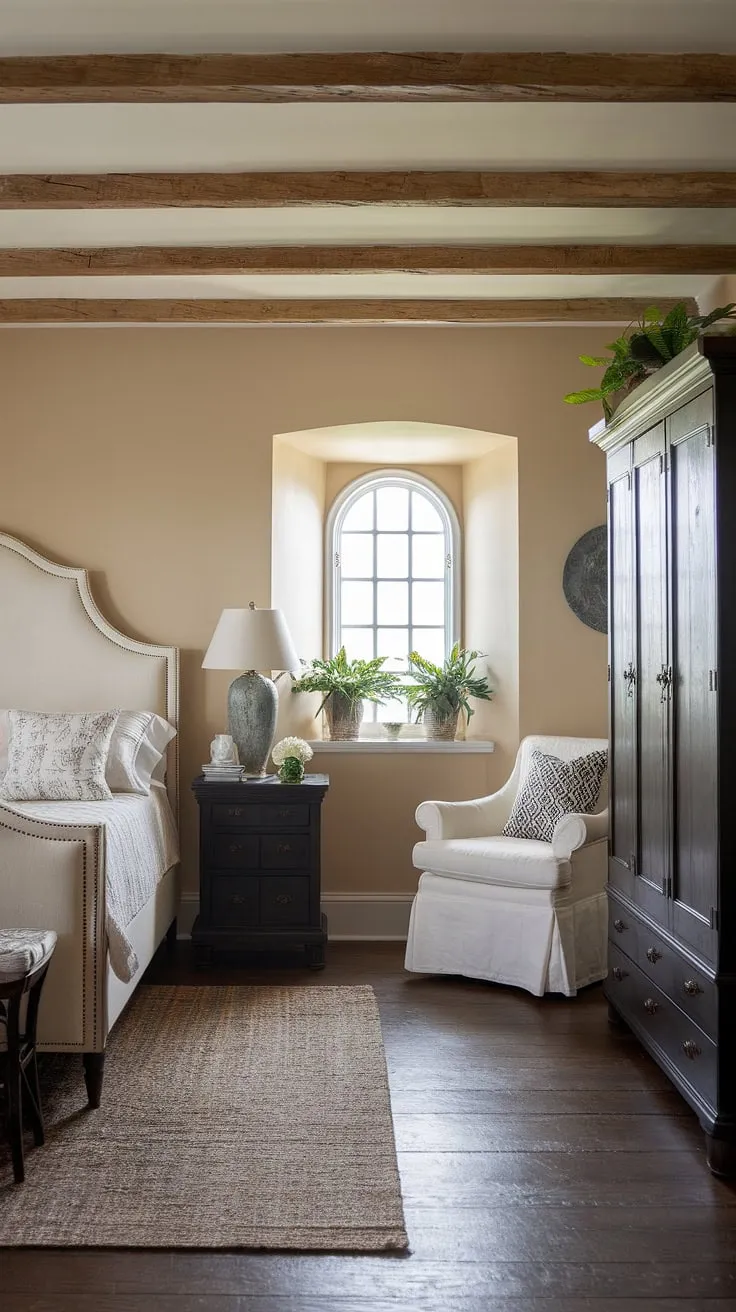 This sea cottage bedroom is a haven of calm.  The coastal bedroom, featuring dark furniture and a white headboard, is perfectly styled with a touch of French coastal interior and southern coastal decor.  The result? A modern cottage master bedroom that's both stylish and inviting.