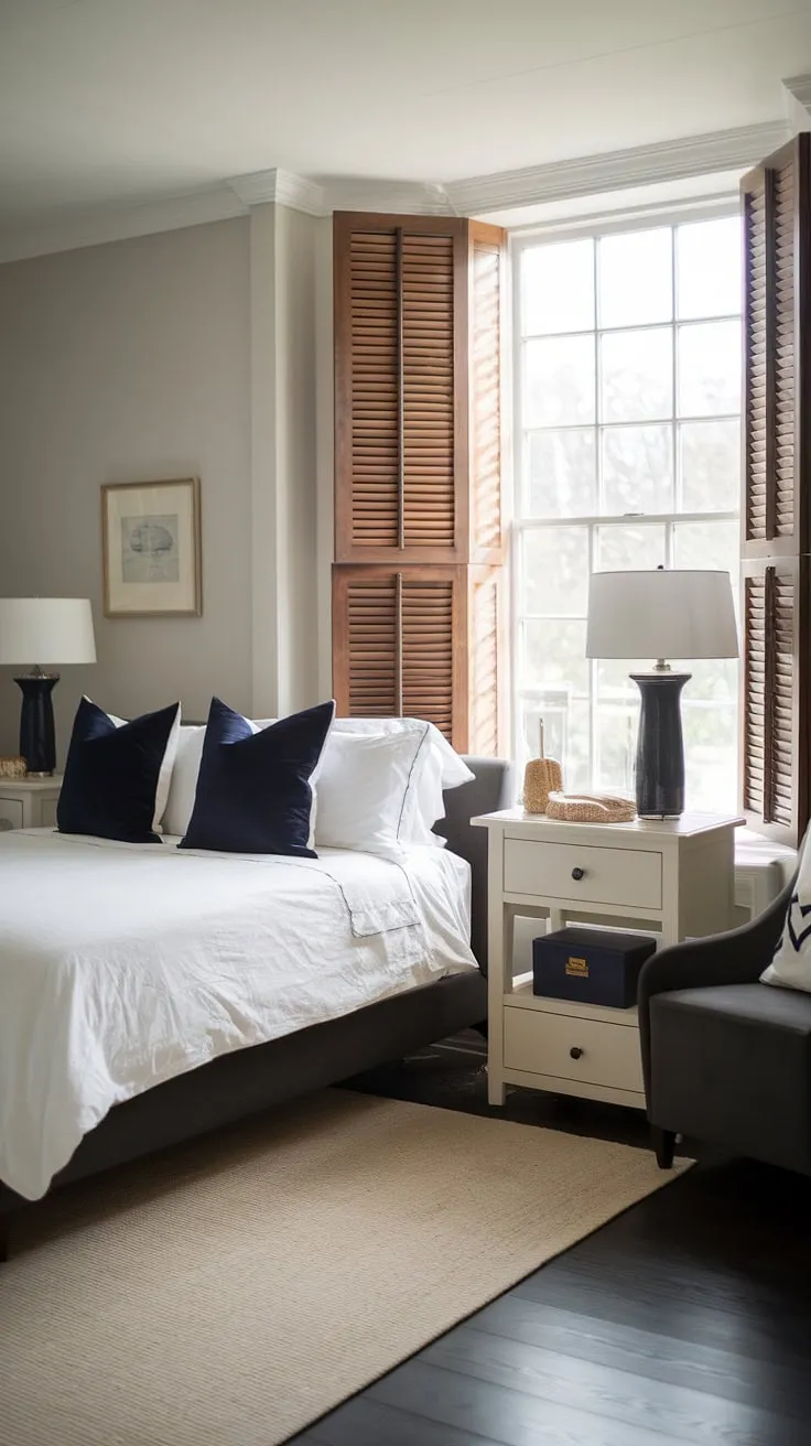 Drift off to sleep in this serene modern cottage master bedroom, where dark furniture contrasts beautifully with the bright, airy feel of a French coastal interior.  The southern coastal decor perfectly complements the coastal cottage bedroom's sea cottage bedroom charm.