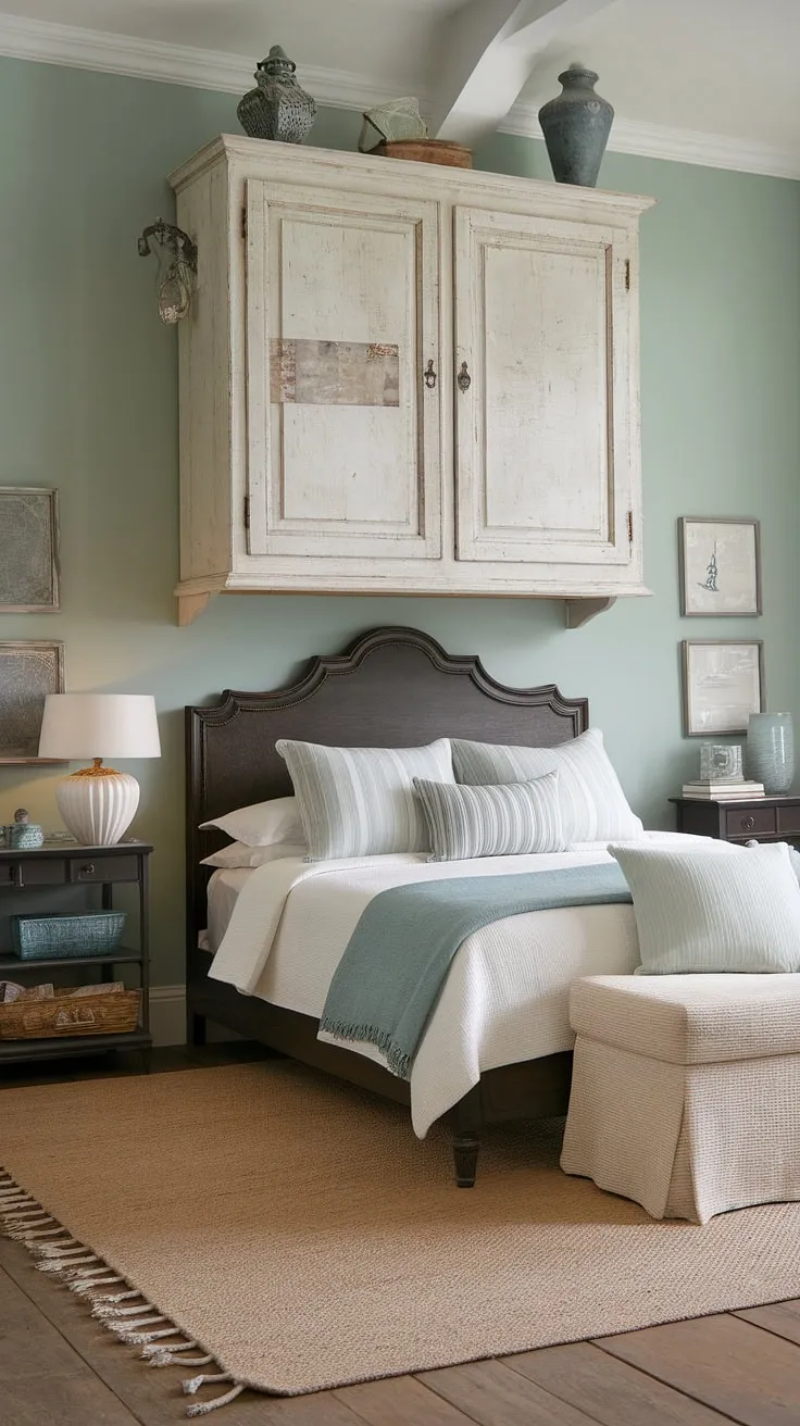 Drift off to sleep in this serene modern cottage master bedroom, where dark furniture contrasts beautifully with the bright, airy feel of a French coastal interior.  The southern coastal decor perfectly complements the coastal cottage bedroom's sea cottage bedroom charm.