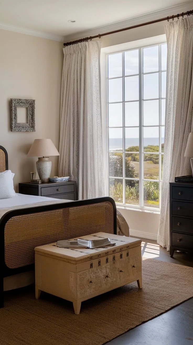 Sunlight streams into this modern cottage master bedroom, where dark furniture grounds the airy French coastal interior.  The sea cottage bedroom's southern coastal decor is perfectly balanced, creating a serene coastal cottage bedroom escape.