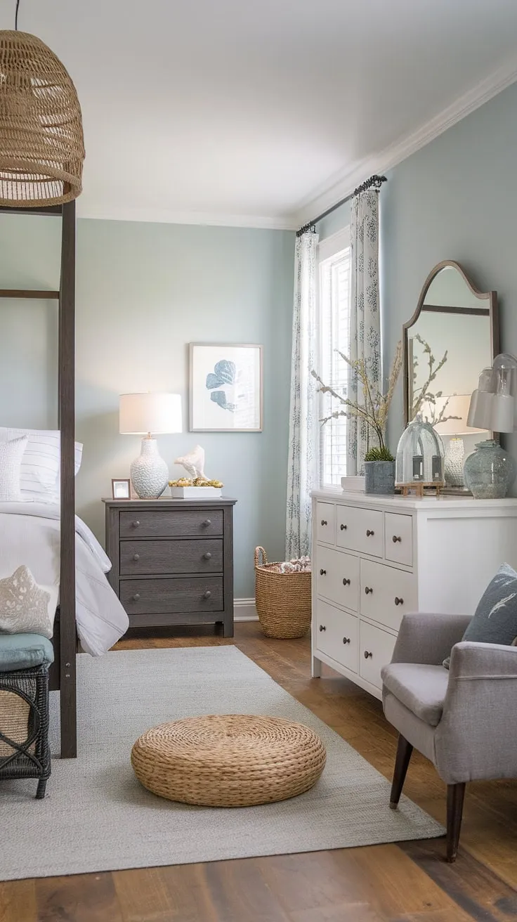 Escape to this serene modern cottage master bedroom, where French coastal interior design meets sophisticated comfort. Dark wood furniture contrasts beautifully with the soft blue walls, creating a calming sea cottage bedroom retreat.  The southern coastal decor accents add a touch of playful charm to this coastal bedroom dark furniture haven.