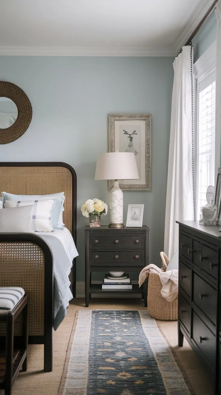This modern cottage master bedroom boasts a stunning French coastal interior.  Dark furniture anchors the space, creating a sophisticated contrast against the light blue walls and perfectly embodying the coastal bedroom dark furniture trend.  The result? A dreamy sea cottage bedroom escape.