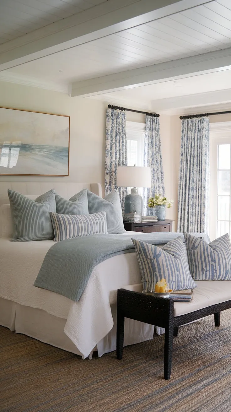 Sunlight streams into this modern cottage master bedroom, a haven of calm where French coastal interior design meets the rustic charm of a sea cottage bedroom. Dark furniture grounds the airy space, creating a sophisticated contrast against the light and bright southern coastal decor.  The perfect coastal cottage bedroom escape.