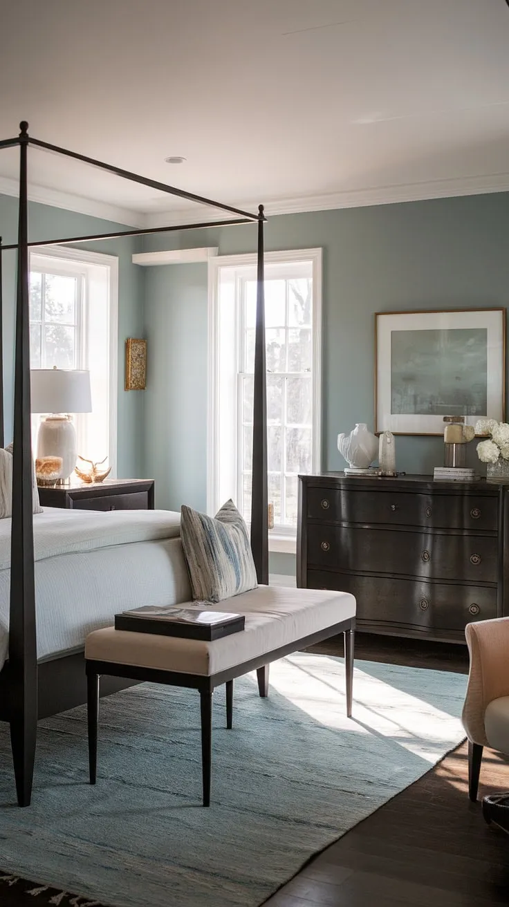 Drift off to sleep in this serene modern cottage master bedroom, where dark furniture contrasts beautifully with the bright, airy feel of a French coastal interior.  The southern coastal decor perfectly complements the coastal cottage bedroom's sea cottage bedroom charm.