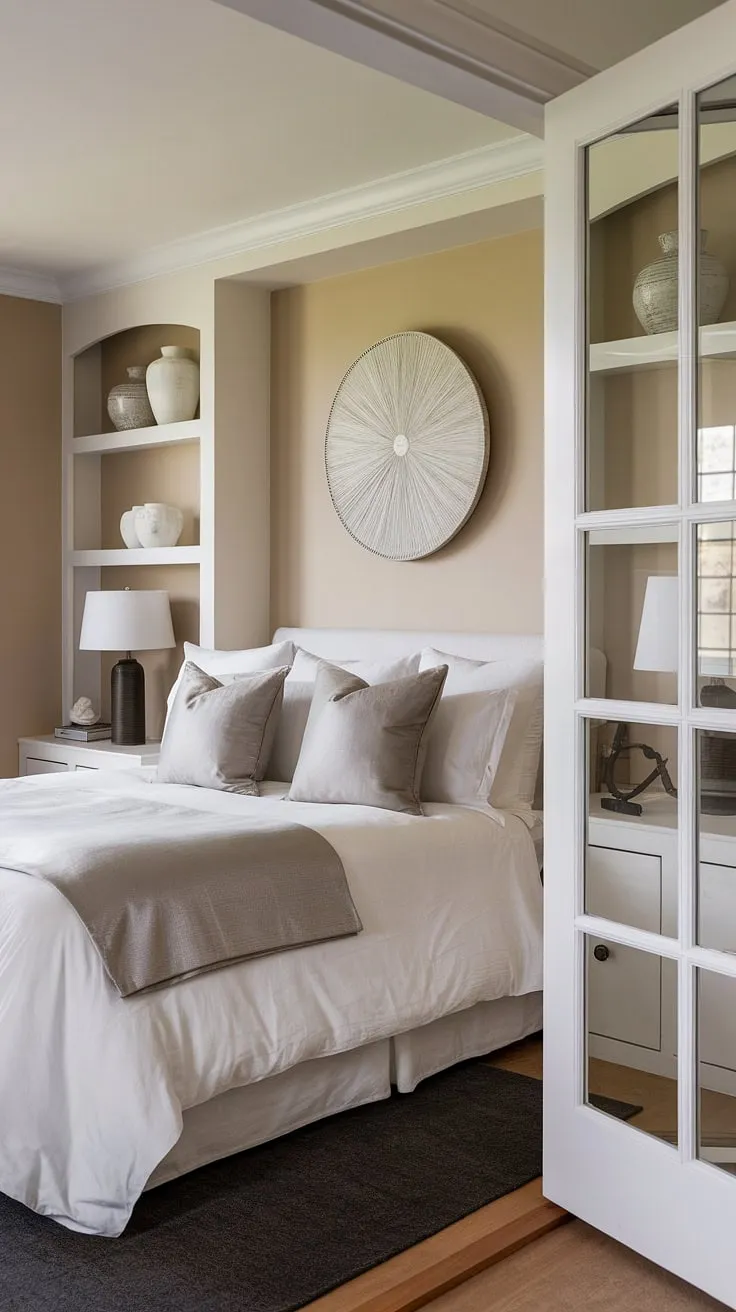 Escape to this serene coastal cottage bedroom, where modern cottage design meets the charm of a sea cottage bedroom.  The southern coastal decor bedroom features a king-size bed, dark grey accents, and built-in shelving, creating a sophisticated yet relaxed atmosphere.  The French coastal interior is completed by a white French door offering glimpses of the sea.