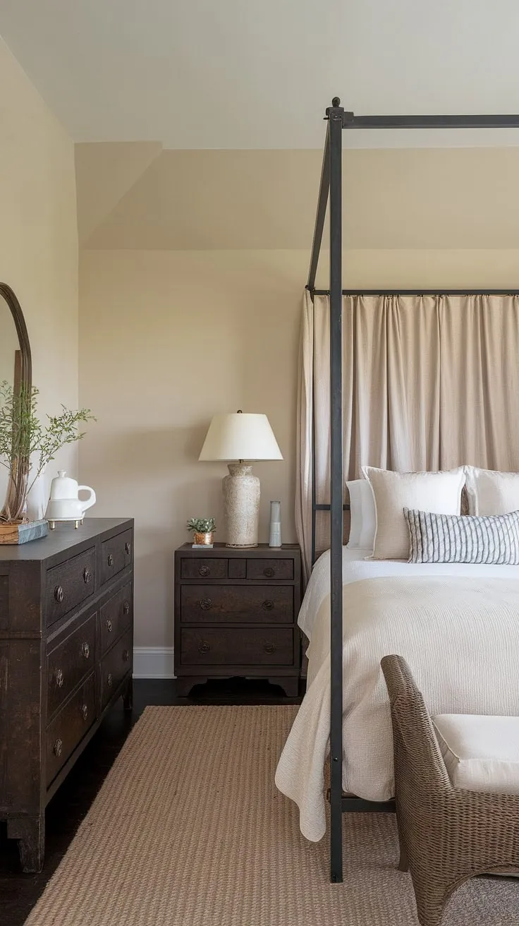 This sea cottage bedroom boasts a sophisticated blend of French coastal interior design and modern cottage master bedroom style. Dark furniture anchors the space, creating a calming contrast against the light and airy coastal cottage bedroom aesthetic of southern coastal decor.