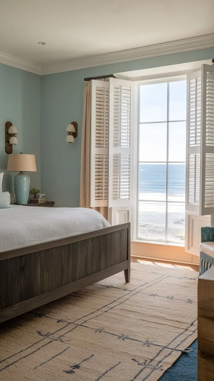 Drift off to sleep in this serene coastal cottage bedroom, where dark furniture adds a touch of modern sophistication to the charming southern coastal decor.  The French coastal interior influences create a master bedroom retreat that feels both elegant and effortlessly relaxed.