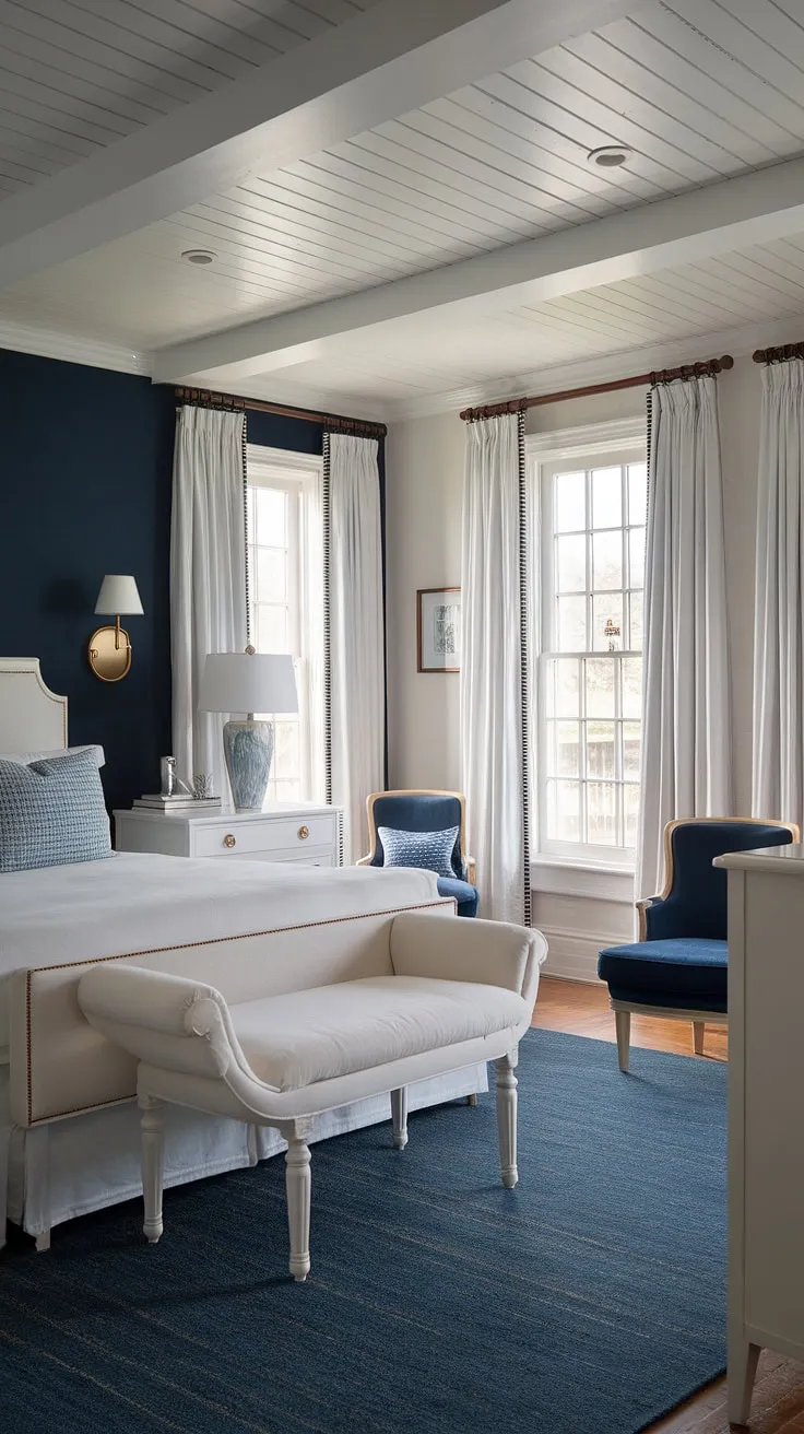 The calming embrace of a modern coastal cottage master bedroom. Dark furniture grounds the airy space, while touches of French coastal interior design and southern coastal decor create a sophisticated yet relaxed sea cottage bedroom atmosphere.  The perfect coastal cottage bedroom retreat.