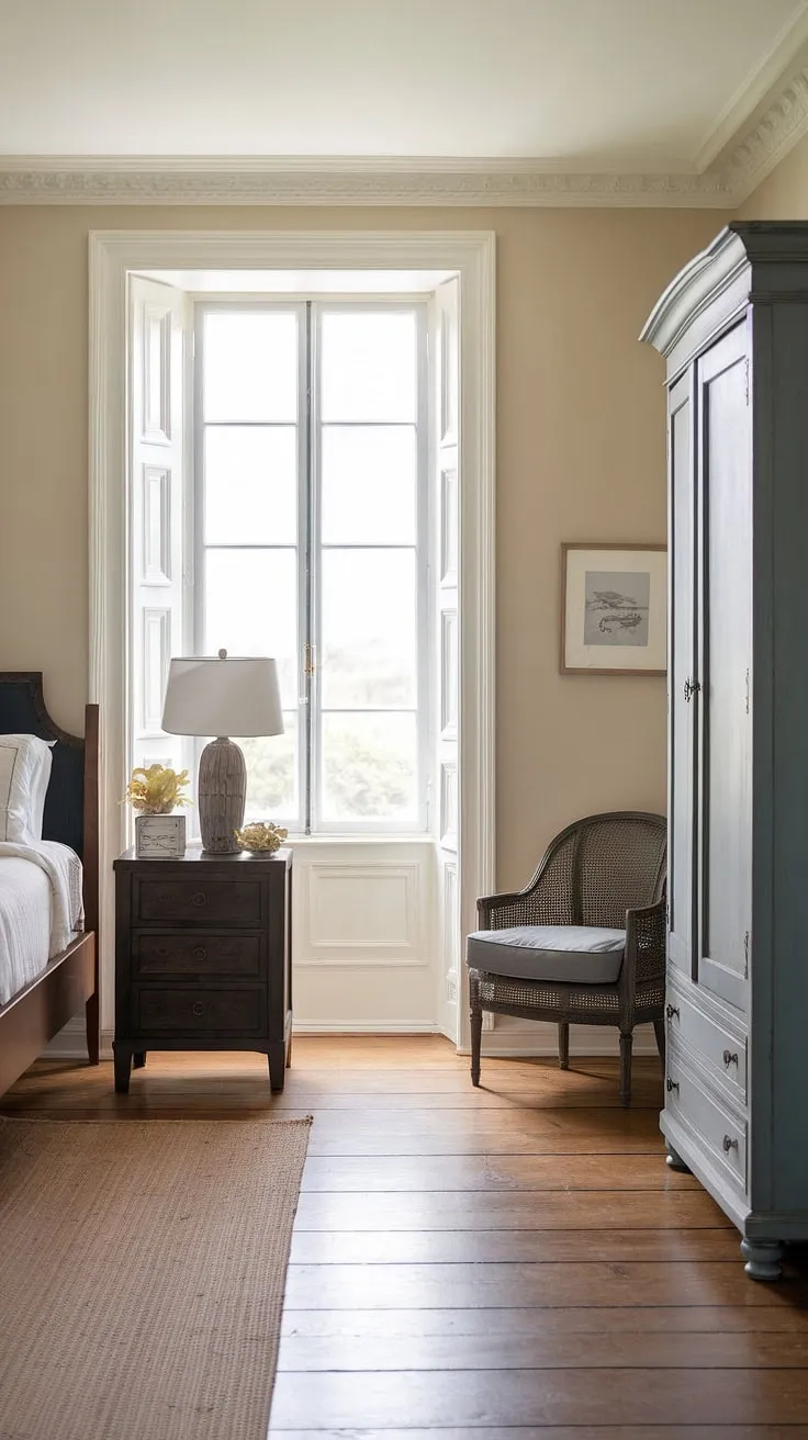 Sunlight streams into this modern cottage master bedroom, a haven of calm where French coastal interior design meets the rustic charm of a sea cottage bedroom. Dark furniture grounds the airy space, creating a sophisticated contrast against the light and bright southern coastal decor.  The result? A coastal cottage bedroom that's both elegant and effortlessly inviting.