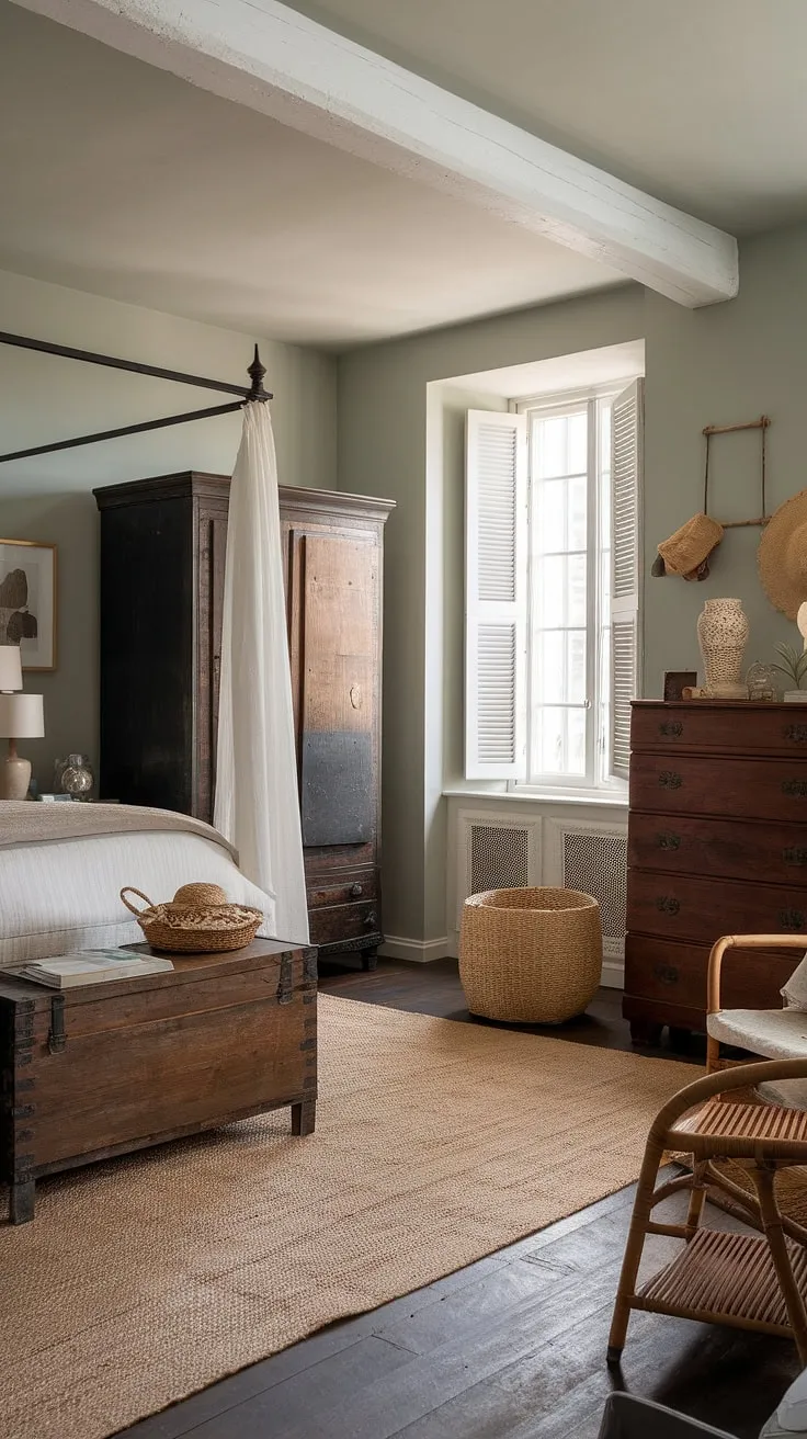 This coastal cottage bedroom embodies the perfect blend of modern and rustic.  The dark furniture in this southern coastal decor bedroom adds depth and sophistication to the French coastal interior, while the white canopy bed and wicker accents create a light and airy feel.  A true sea cottage bedroom escape awaits.