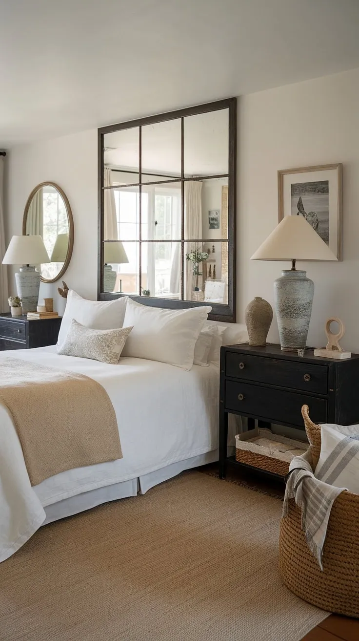 This coastal bedroom, featuring dark furniture, embodies the perfect blend of modern and coastal cottage styles.  A touch of French coastal interior design and southern coastal decor accents complete this serene sea cottage bedroom, creating a sophisticated yet inviting modern cottage master bedroom retreat.