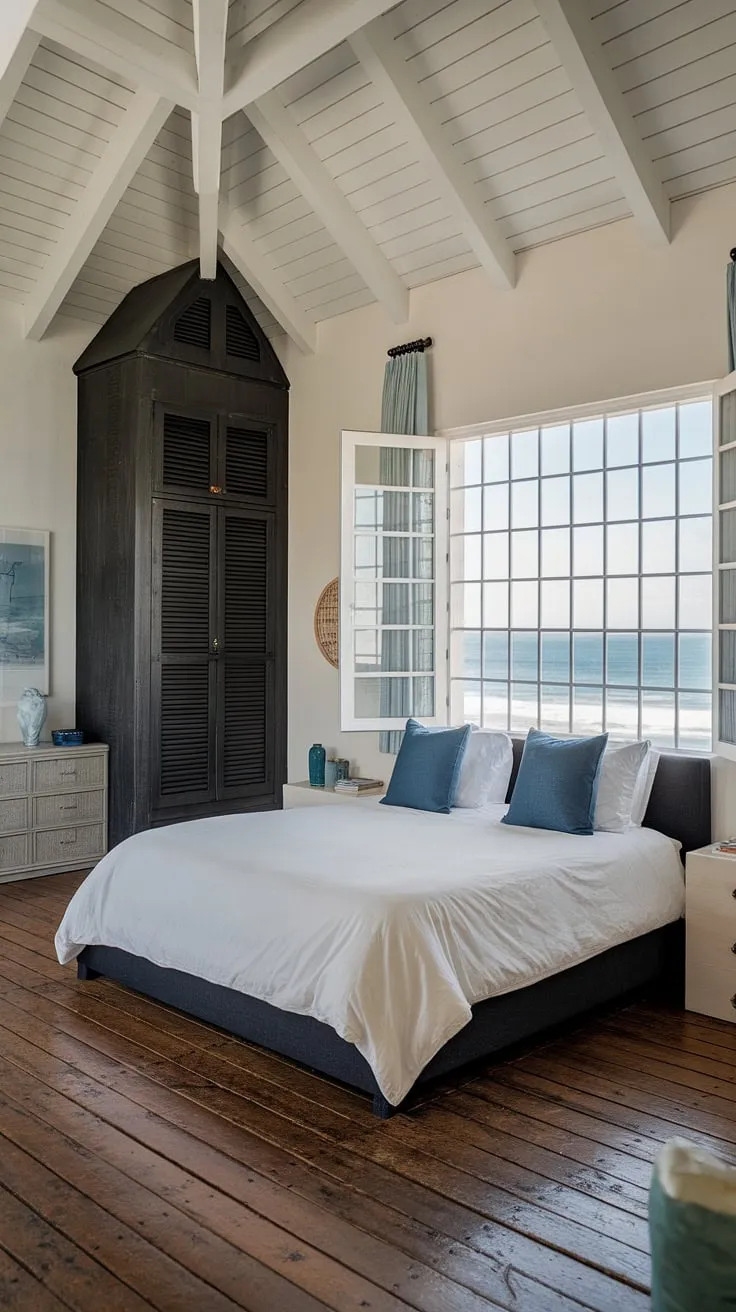This sea cottage bedroom boasts a sophisticated blend of French coastal interior design and modern cottage style. Dark furniture anchors the space, creating a calming contrast against the light and airy feel of a southern coastal decor bedroom, perfect for a coastal cottage escape.