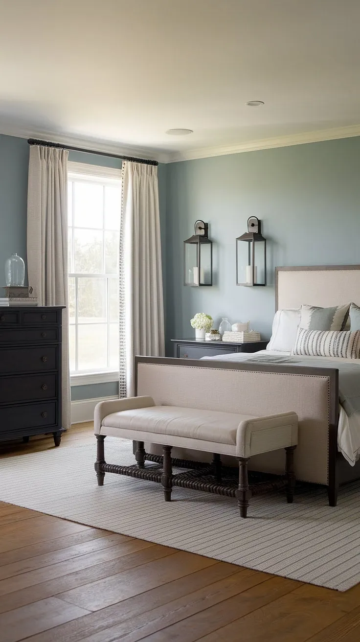 This modern cottage master bedroom embodies the essence of a southern coastal decor bedroom.  The dark furniture contrasts beautifully with the light walls and creates a sophisticated coastal bedroom dark furniture aesthetic in this charming sea cottage bedroom.  French coastal interior details complete the look, making it the perfect coastal cottage bedroom escape.