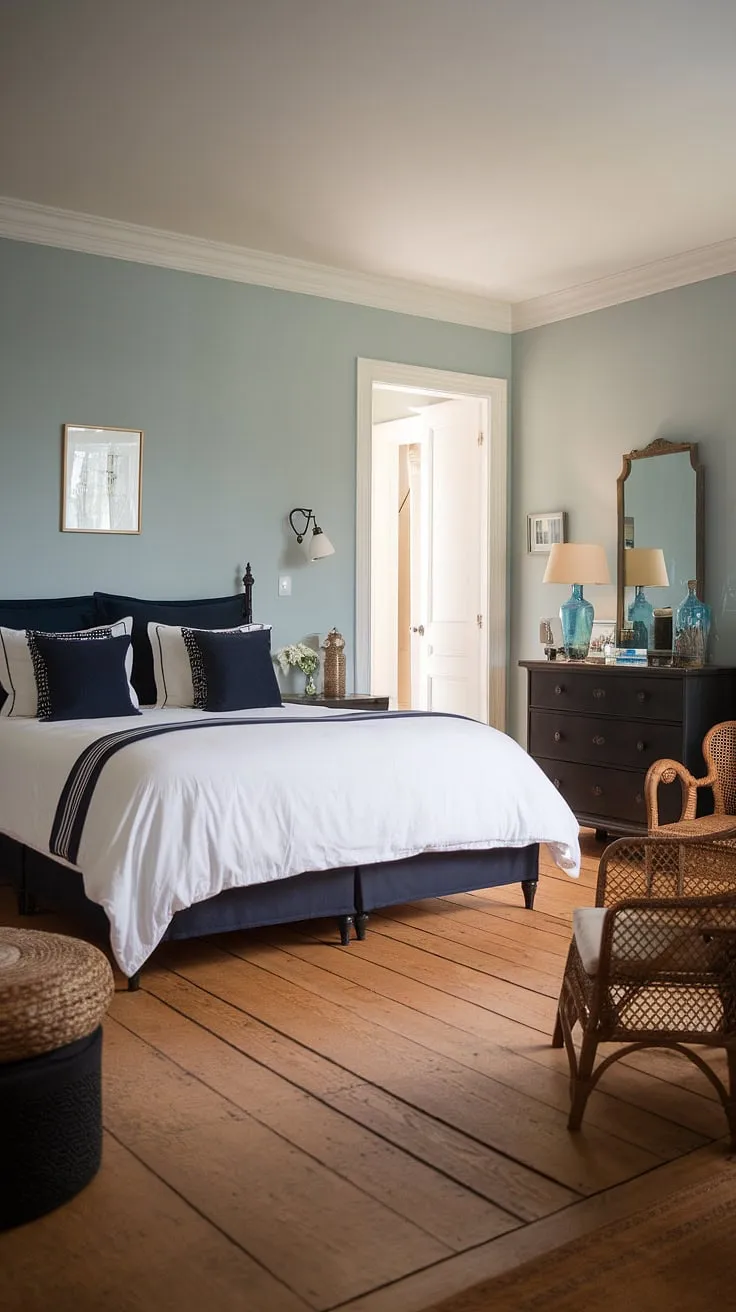 Drift off to sleep in this serene modern cottage master bedroom, where dark furniture contrasts beautifully with the bright, airy feel of a French coastal interior.  The southern coastal decor perfectly complements the coastal cottage bedroom's sea cottage bedroom charm.