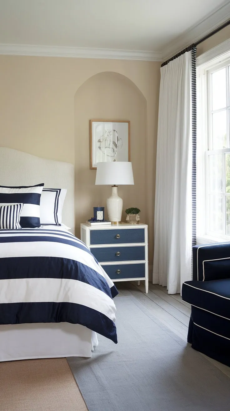 This sea cottage bedroom is the epitome of relaxed elegance.  A modern take on southern coastal decor, the dark furniture contrasts beautifully with the light walls and crisp navy and white striped bedding, creating a truly inviting coastal bedroom retreat.