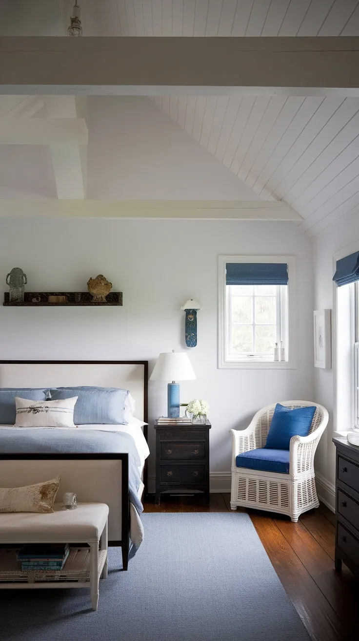 This modern cottage master bedroom seamlessly blends the charm of a sea cottage bedroom with the chicness of a French coastal interior.  Dark furniture grounds the space, creating a sophisticated contrast against the light and airy southern coastal decor, perfect for a peaceful coastal escape.