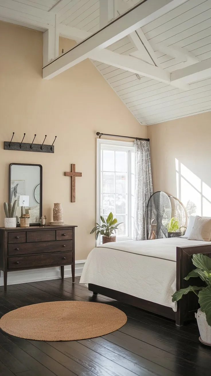 Sunlight streams into this modern cottage master bedroom, a haven of calm where French coastal interior design meets the rustic charm of a sea cottage bedroom.  Dark furniture grounds the airy space, creating a sophisticated contrast against the light and bright southern coastal decor.  The perfect coastal cottage bedroom escape.
