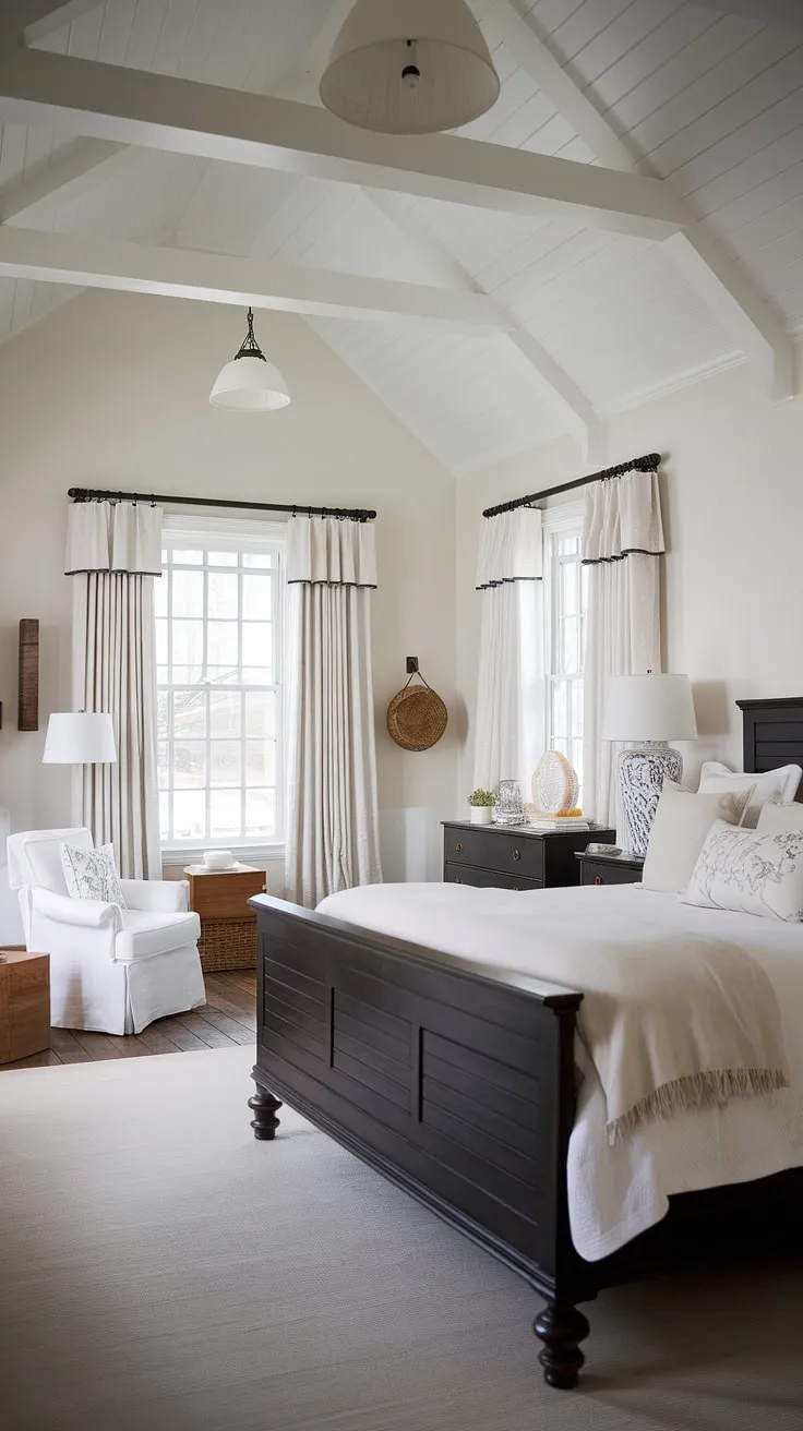 Drift off to sleep in this serene modern cottage master bedroom, where dark furniture contrasts beautifully with the bright, airy feel of a French coastal interior.  The southern coastal decor perfectly complements the coastal cottage bedroom's sea cottage bedroom charm.