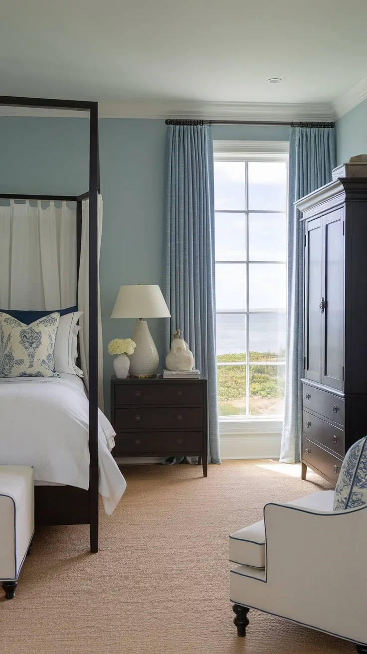 This French coastal interior master bedroom is the epitome of coastal bedroom dark furniture elegance.  The dark wardrobe and chest of drawers anchor the space, while the white canopy bed and light blue walls maintain a bright and airy feel in this stunning sea cottage bedroom.  The view from the large window completes the picture-perfect southern coastal decor bedroom.