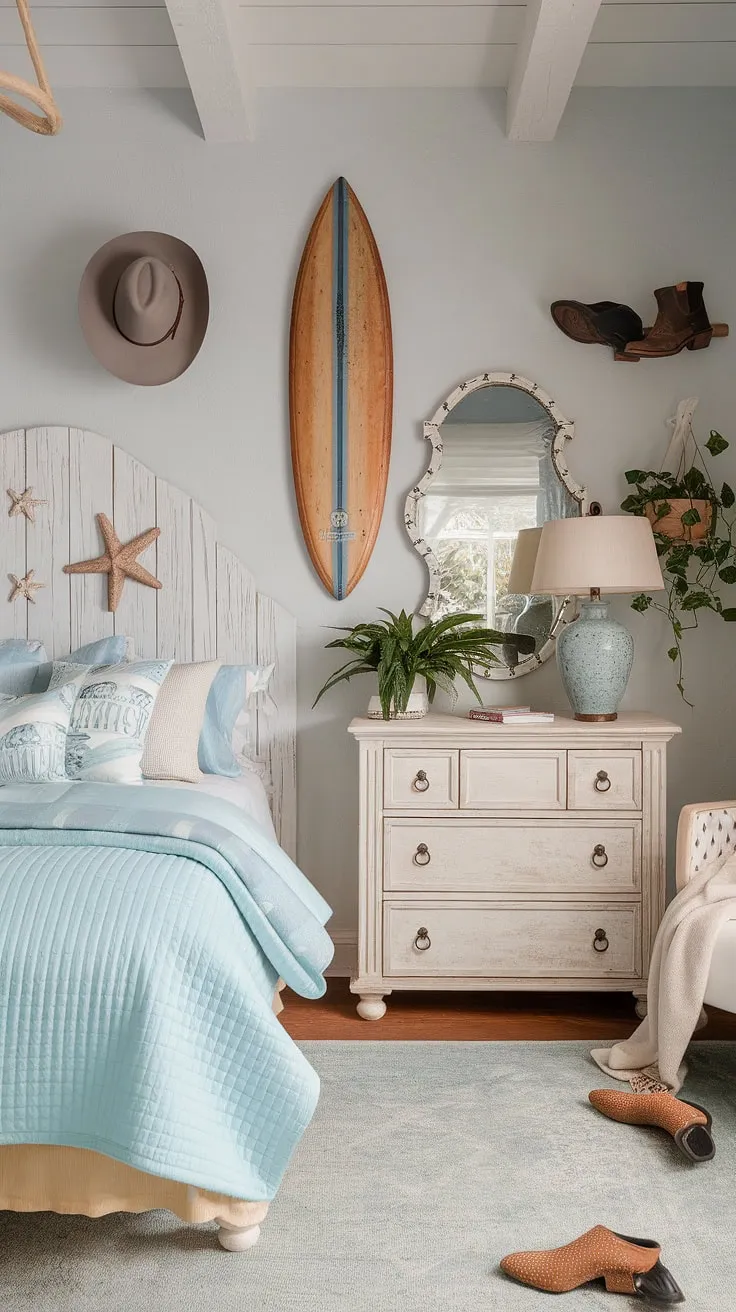 Escape to this coastal cowgirl room, where cowgirl bedroom style meets beachy vibes.  Find inspiration for your own beach room ideas with this stunning blend of surf room decor and ocean room decor, perfect for summer room decor.