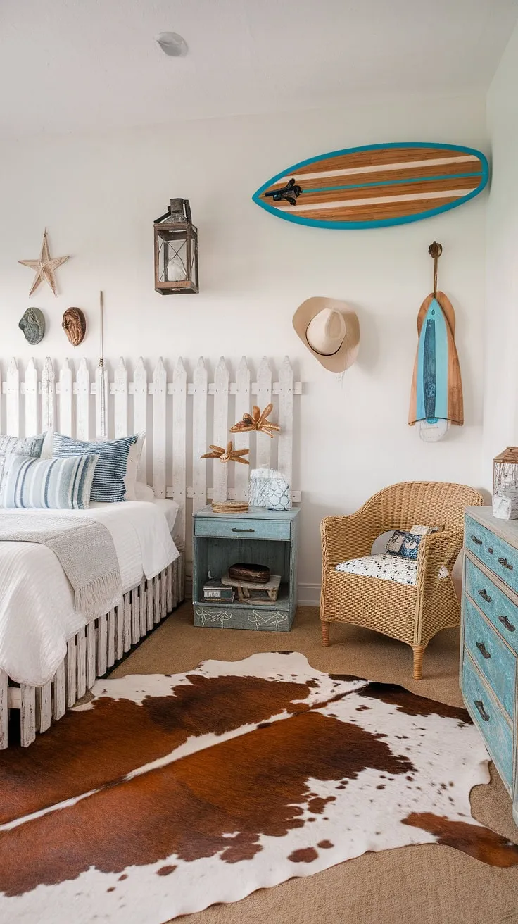 Escape to this dreamy coastal cowgirl room, where beach room ideas meet cowgirl bedroom style.  A white picket fence headboard anchors the space, while a surfboard and cowhide rug bring in the surf room decor and ocean room decor vibes.  This coastal cowgirl bedroom is the perfect blend of rustic charm and summer room decor, offering a unique and inviting cowgirl room retreat.