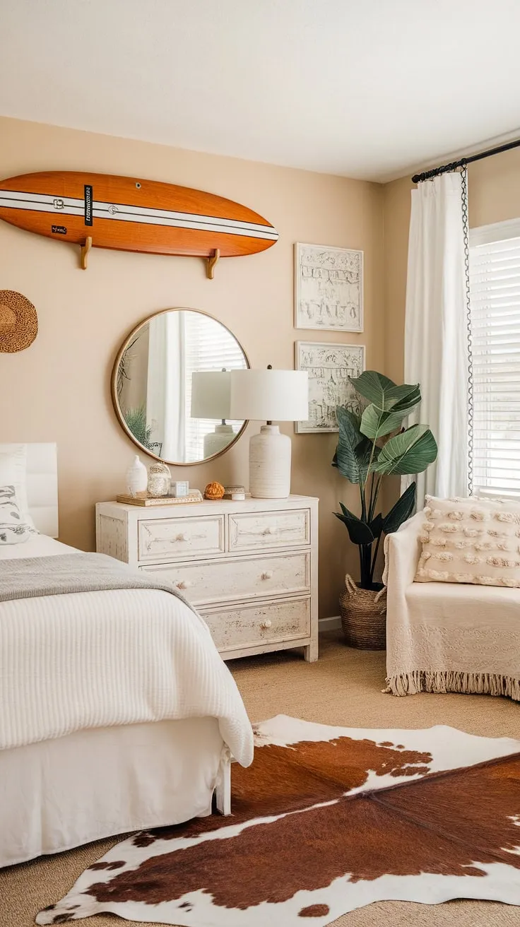 Escape to this coastal cowgirl room, where beachy room ideas and surf room decor create the ultimate summer retreat.  The cowgirl bedroom's subtle western accents, like the cowhide rug, complement the ocean room decor, making it a unique and stylish coastal cowgirl bedroom.  This is what beach room ideas and a cowgirl room should look like.