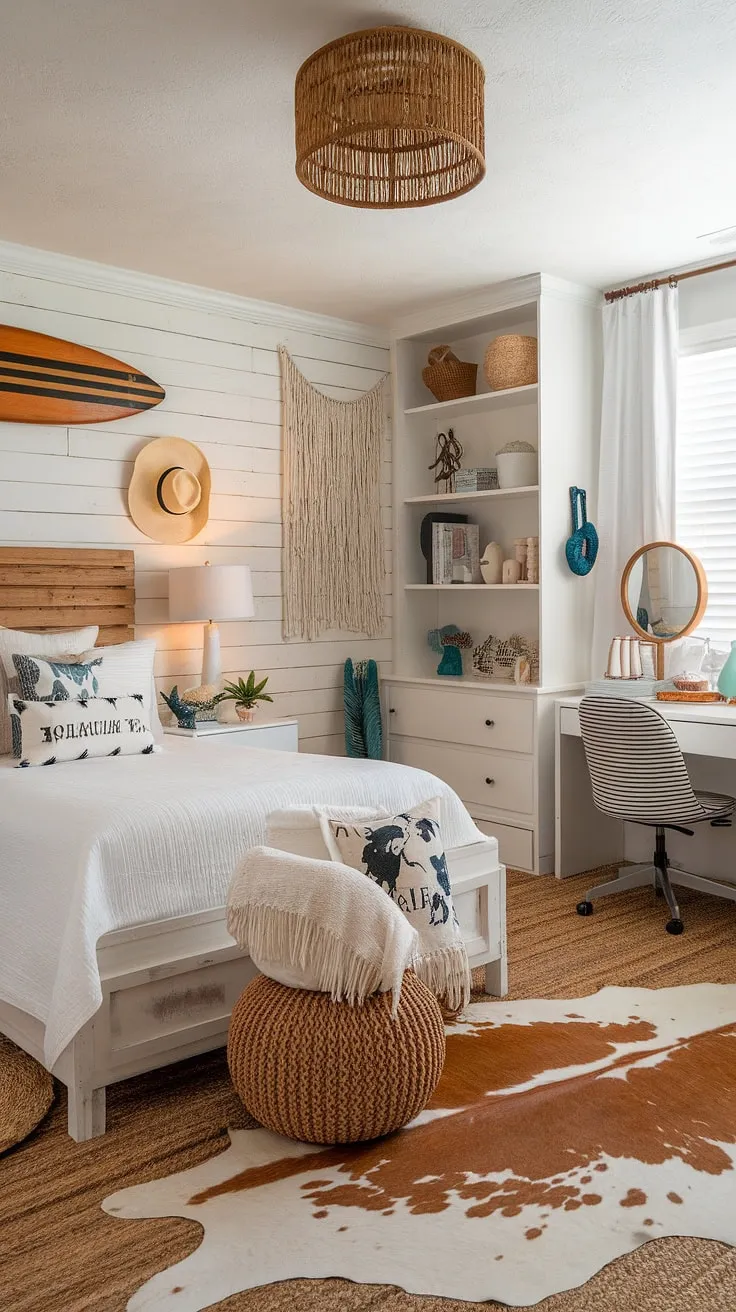 Dreamy beach room ideas collide with cowgirl style in this coastal cowgirl bedroom.  A cowgirl hat hangs proudly above a white wooden bed, while a surfboard adds a touch of surf room decor. This cowgirl bedroom is the ultimate coastal cowgirl room, perfect for summer room decor and a touch of western flair.