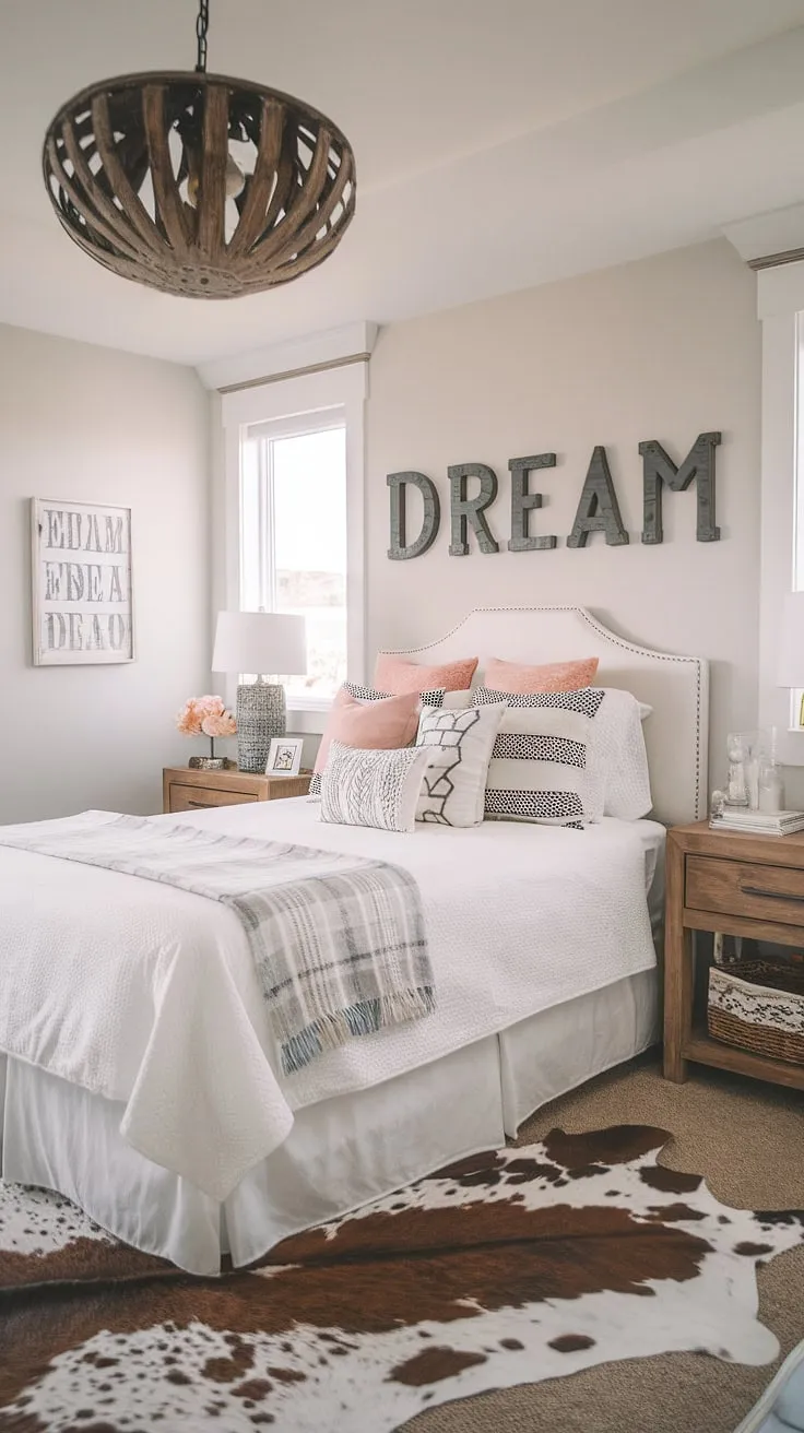 Escape to this coastal cowgirl bedroom, where beachy room ideas meet cowgirl charm.  The perfect blend of surf room decor and ocean room decor creates a summer room decor haven. This cowgirl room, with its cowhide rug and dreamy details, is the ultimate coastal cowgirl room escape.