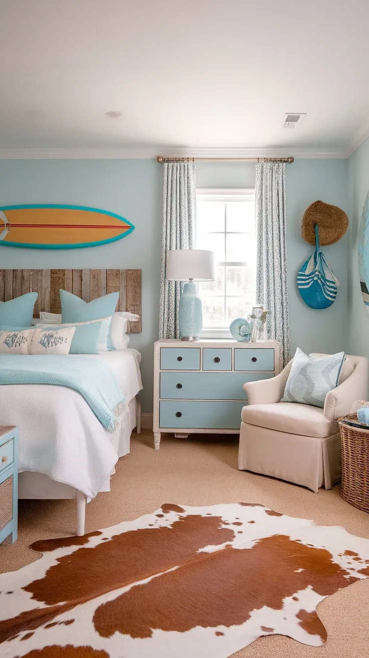 Dreamy coastal cowgirl bedroom, where beachy room ideas meet cowgirl charm.  This surf room decor and ocean room decor blend seamlessly, creating the perfect summer room decor.  A true coastal cowgirl room, this space effortlessly combines the relaxed vibes of a beach room with the rustic spirit of a cowgirl bedroom.